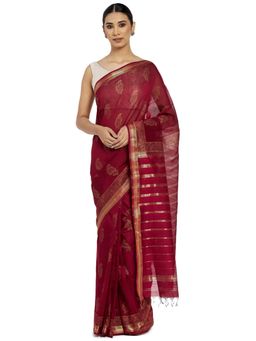 Fabindia - Cotton Silk Printed Maroon Saree without Blouse