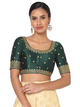 SALWAR STUDIO - Women Bottle Green Silk Blend Embroidered Readymade Saree Blouse