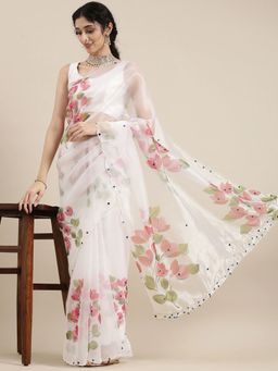 Vastranand - White Floral Beads And Stones Organza Saree with Unstitched Blouse