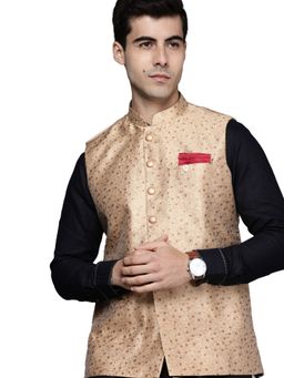 Manyavar - Beige Art Silk Festive Jacquard Nehru Jacket