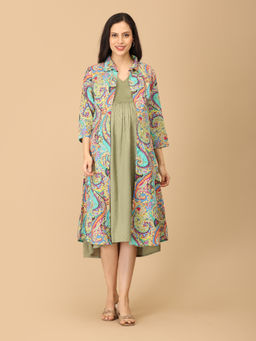 The Mom Store - Green Cotton Floret Fizz Maternity Dress with Shacket