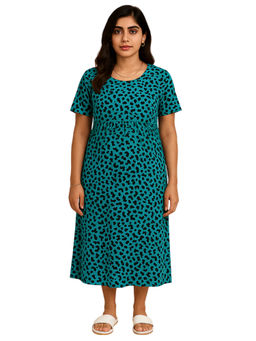 Putchi - Green Calf Length Cotton Round Neck Forest Whisper Zipless Feeding Dress