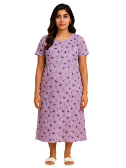 Putchi - Calf Length Cotton Round Neck Purple Flutter Zipless Feeding Dress