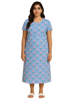 Putchi - Blue Calf Length Cotton Round Neck Morning Bloom Zipless Feeding Dress