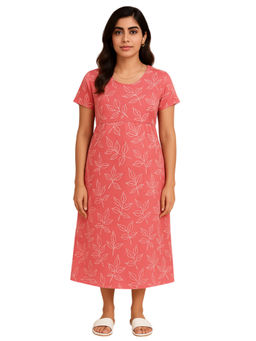 Putchi - Pink Calf Length Cotton Round Neck Rosy Dawn Zipless Feeding Dress