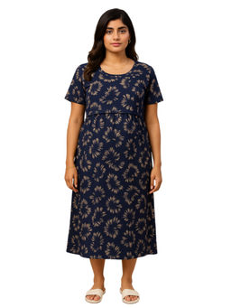 Putchi - Navy Blue Calf Length Cotton Round Neck Shadow Spark Zipless Feeding Dress