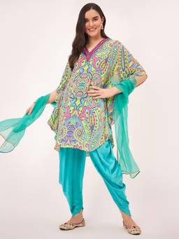 First Resort by Ramola Bachchan - Lime Green And Pink Paisley Pants And Dupatta Set (Set of 3)