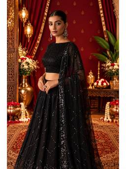 Nyri - Black Blooming Lehenga Style Saree with Stitched Lehenga & Dupatta with Unstitched Blouse