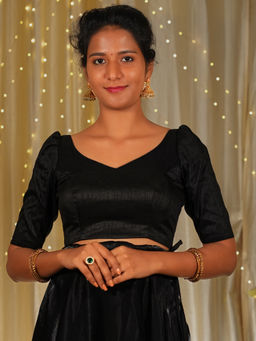 I LOVE SAREES - Black Puff Sleeve Traditional Stitched Blouse