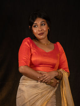 I LOVE SAREES - Coral Red Puff Sleeve Traditional Stitched Blouse