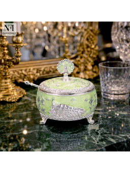 NFI Essentials - Green Peacock Design Sugar Pot with Lid & Spoon