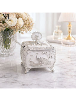 NFI Essentials - White Peacock Design Sugar Pot with Lid & Spoon