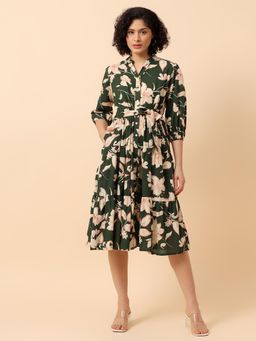 Cantabil - Green Flared Dress for Women I Breathable and Soft with Color Fastness with Belt