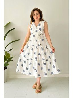 PIMU - V-Neck Midi Dress with Blue Floral with Belt
