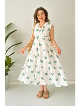PIMU - V-Neck Midi Dress with Green Floral with Belt