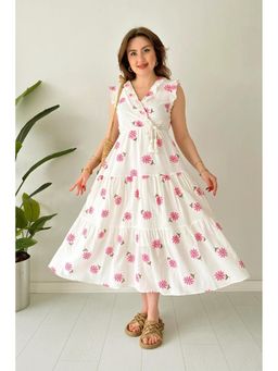 PIMU - V-Neck Midi Dress with Pink Floral with Belt