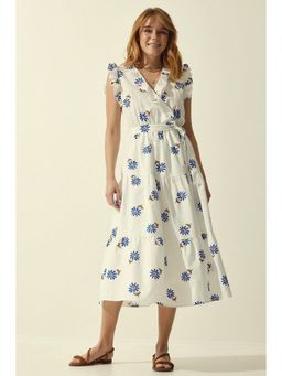 PIMU - V-Neck Midi Dress with White Floral with Belt