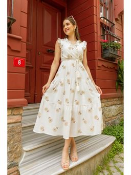 PIMU - V-Neck Midi Dress with Belt White Floral