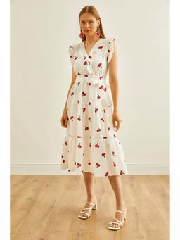 PIMU - V-Neck Midi Dress with Belt White Floral