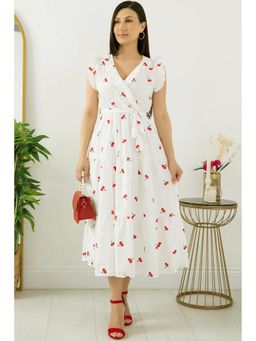 PIMU - V-Neck Midi Dress with Belt White Floral