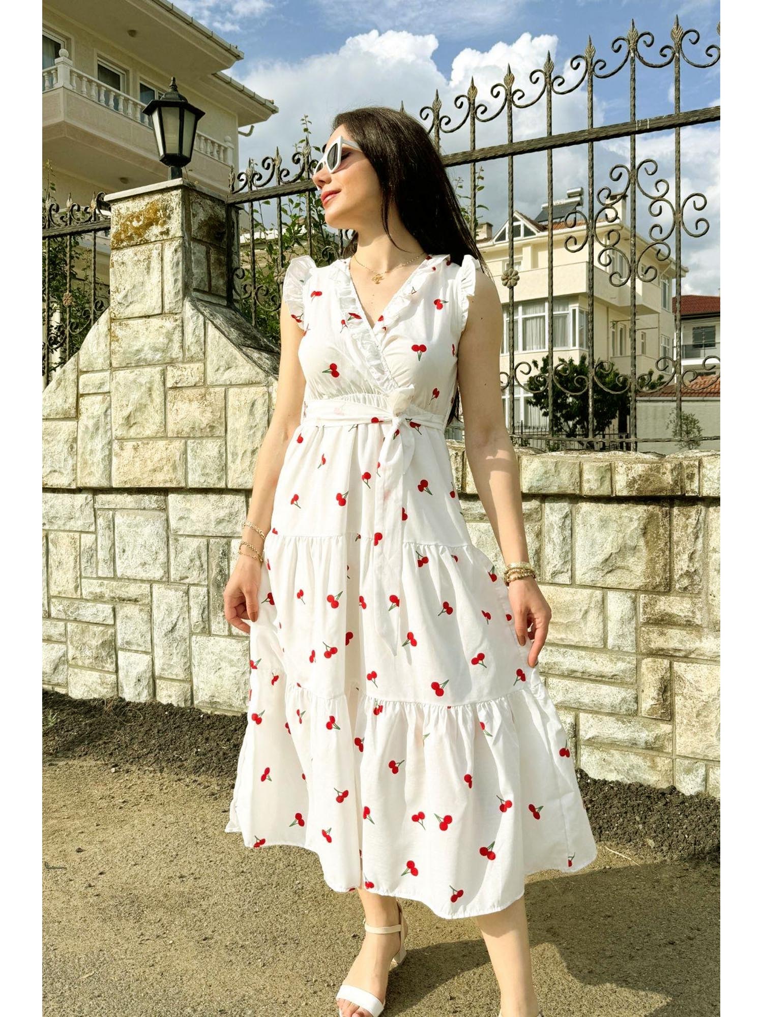 V-Neck Midi Dress with Belt White Floral-image-3