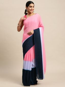 Shrithi Fashion Fab - Designer Pink and Blue Colorblocked Pure Chiffon Saree with Unstitched Blouse