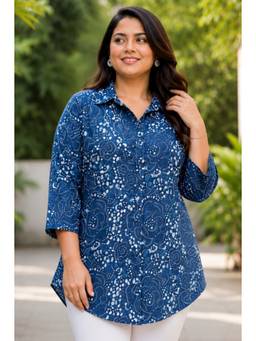 Indietoga - Women Blue Floral Printed Cotton Shirt
