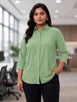 Indietoga Plus Size - Women Plus Size Green Solid Rayon Formal Shirt