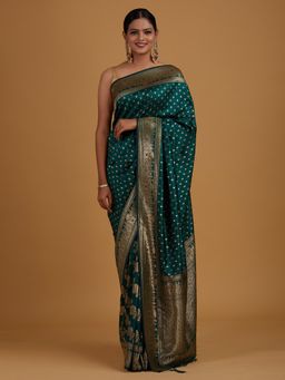 Koskii - Bottle Green Zari Work Banarasi Designer Saree with Unstitched Blouse
