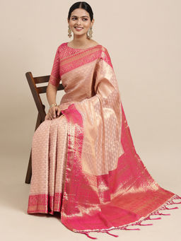 Akhilam - Pink Festive Silk Blend Woven Design Saree With Unstitched Blouse