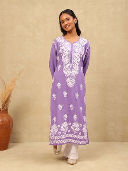 House of Chikankari - Modal Chikankari Solid Women's Long Kurta -Lavender
