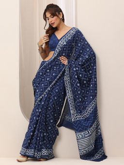Libas - Navy Blue Ethnic Motifs Printed Saree with Unstitched Blouse