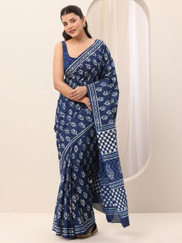 Libas - Navy Blue Ethnic Printed Saree with Unstitched Blouse