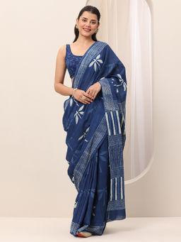 Libas - Navy Blue Ethnic Motifs Printed Saree with Unstitched Blouse