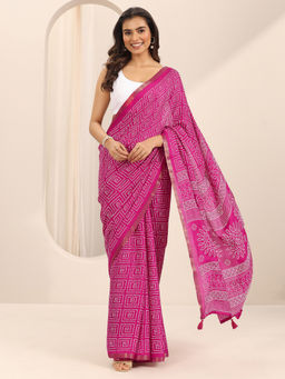 Libas - Pink Bandhani Printed Saree with Unstitched Blouse