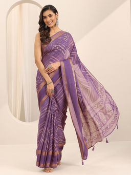 Libas - Purple Ethnic Printed Saree with Unstitched Blouse