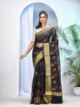 DESH BIDESH - Black Cotton Silk Flower Print Bollywood Design Handloom Saree with Unstitched Blouse