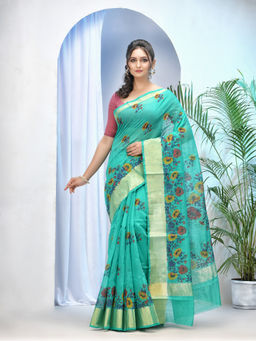 DESH BIDESH - Green Cotton Silk Flower Print Bollywood Design Handloom Saree with Unstitched Blouse