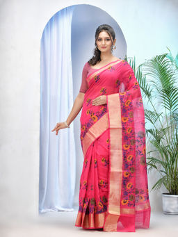 DESH BIDESH - Pink Cotton Silk Flower Print Bollywood Design Handloom Saree with Unstitched Blouse
