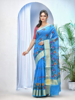 DESH BIDESH - Blue Cotton Silk Flower Print Bollywood Design Handloom Saree with Unstitched Blouse