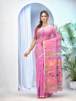 DESH BIDESH - Pink Resham Dhakai Jamdani Cotton Silk Handloom Saree without Blouse