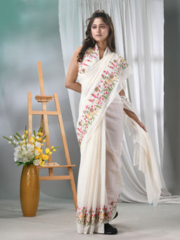 DESH BIDESH - White Embroidery Silk Cotton Saree with Unstitched Blouse