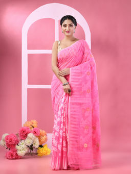 DESH BIDESH - Pink Traditional Bengal Tant Dhakai Jamdani Handloom Saree without Blouse