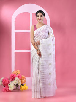 DESH BIDESH - White Traditional Bengal Tant Dhakai Jamdani Handloom Saree without Blouse