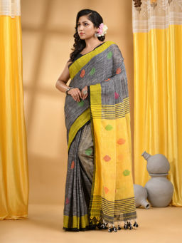 DESH BIDESH - Grey Bengali Tant Cotton Handloom Saree with Unstitched Blouse
