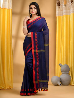 DESH BIDESH - Navy Blue Traditional Bengali Tant Cotton Handloom Saree with Unstitched Blouse