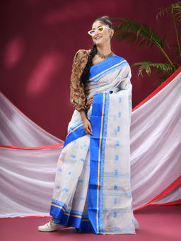 DESH BIDESH - White Navarupa Velvet Par Design Pure Cotton Handloom Saree without Blouse