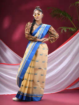 DESH BIDESH - Cream Navarupa Velvet Par Design Pure Cotton Handloom Saree without Blouse