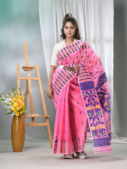 DESH BIDESH - Pink Resham Dhakai Jamdani Cotton Silk Handloom Saree without Blouse
