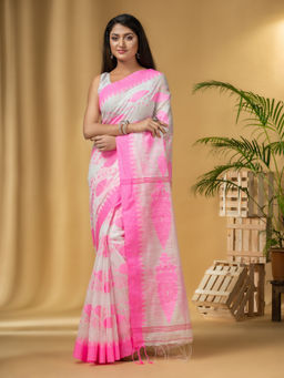DESH BIDESH - White Bengali Tant Pure Cotton Handloom Saree with Unstitched Blouse